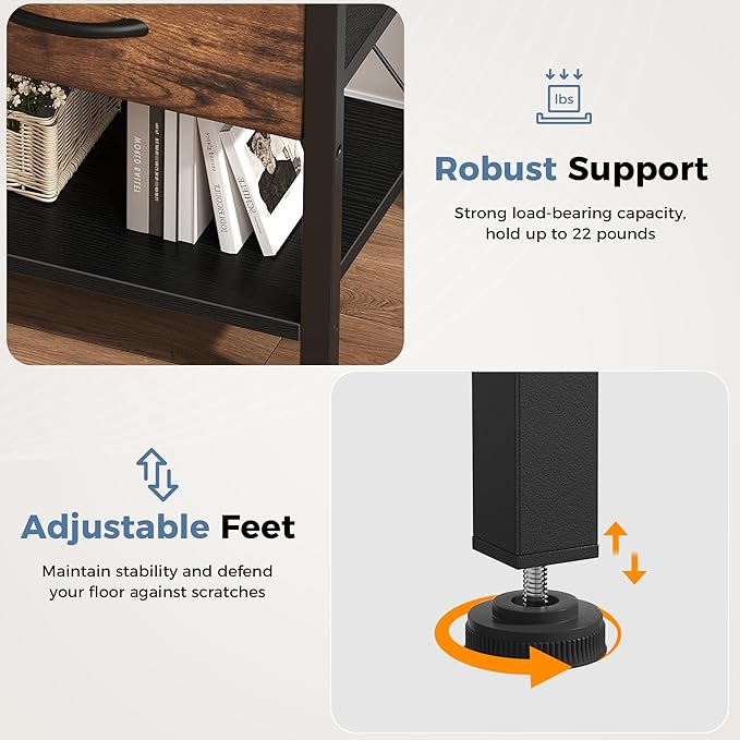 DUMOS 3-Tier Storage, Bed Side Tables with Wireless Charging Station, End Tables with Adjustable Fabric Drawers, Nightstand Set of 2, Modern Design, Black Rrown