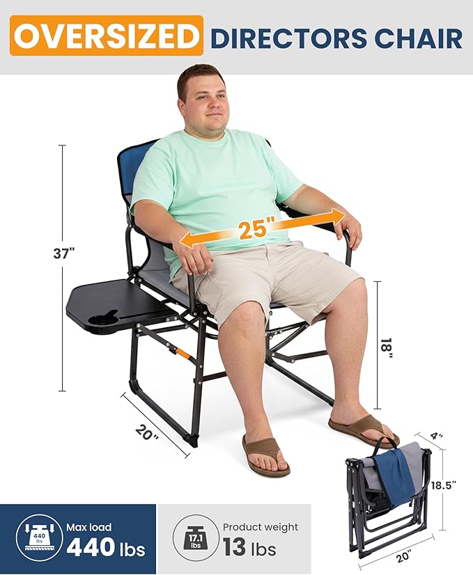 KingCamp Oversized Camping Directors Chair for Big and Tall, Heavy Duty 440lbs Folding Chairs with Side Table, Portable Padded Camp Chairs with Wide Seat & Anti-Sag Fabric for Outdoor Lawn Fishing RV