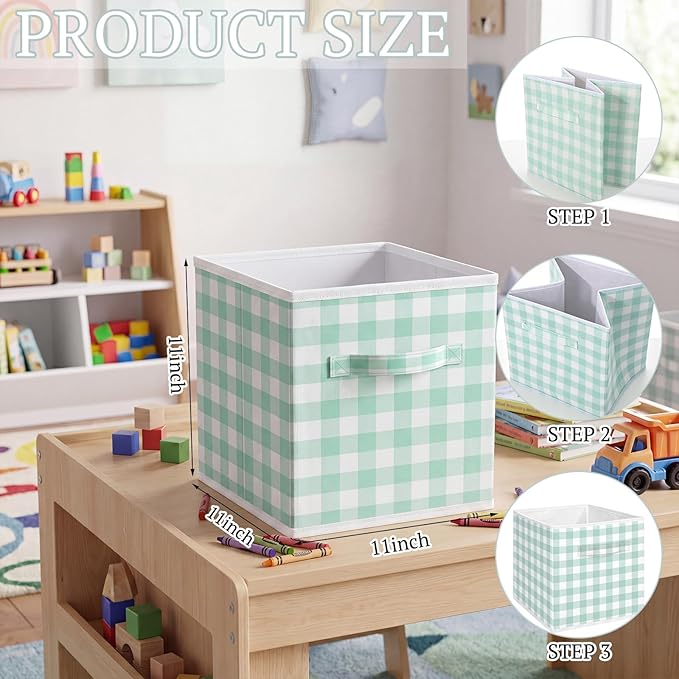 Yalikop 6 Pcs Green Checkered Cube Storage Bins, 11 Inch Fabric Gingham Classroom Storage Bins Organizer with Handle Preppy Collapsible Cubby Basket for Classroom Home Nursery Playroom Bedroom