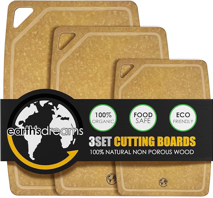 Earth's Dreams Composite Wood Cutting Board Set of 3 – Dishwasher Safe, Non-Toxic Cutting Boards for Kitchen – Large, Medium & Small Non-Slip Wood Charcuterie & Chopping Boards (Tan/Juice)