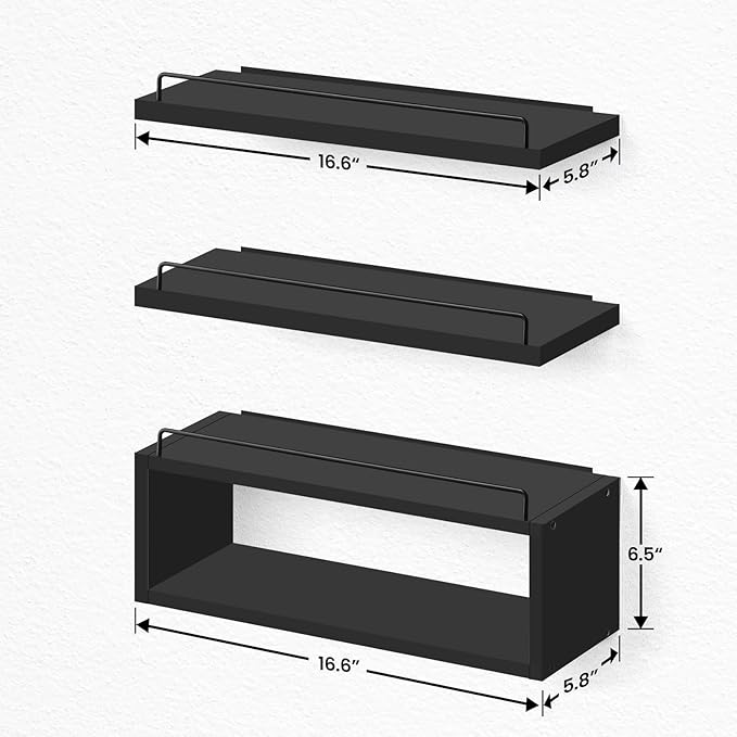 LANDNEOO Floating Shelves for Wall with Cube Shelf, Set of 3 Wood Bathroom Shelves Over Toilet for Storage, Wall Mounted Organizer with Metal Rail for Restroom Decor and Toilet Paper, Black