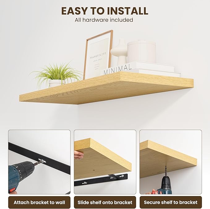 Dreamland 55" Floating Shelves for Wall, 12" Deep Slim Oak Floating Shelves, Wall-Mounted Shelves for Bedroom, Living Room, Kitchen, Bathroom - Set of 2