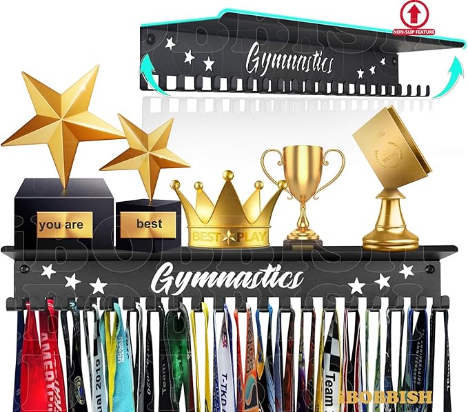 iBobbish Metal Medal Hanger Display,Non-Slip Trophy Shelf with 20 Hooks,Wall Mount,Heavy Duty,Non-Bent,Holds 22-33lbs,for Gymnastics,Race,Soccer,Swim
