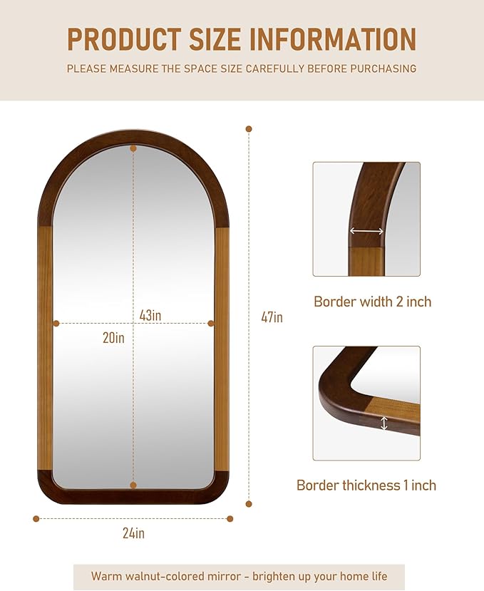 Arched Mirror 24 x 47 Inch,Brown Wood Rustic Bathroom Tempered Wall Mirror with Wood Frame,Round Corner Arch Farmhouse Wooden Vanity Mirror for Living Room,Entryway or Bedroom（Walnut Brown）