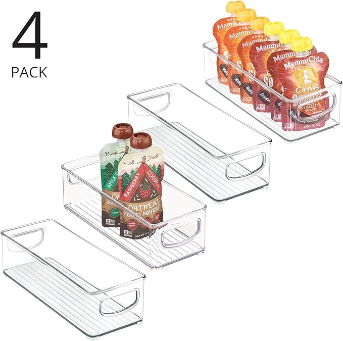 mDesign Plastic Stackable Small Organizing Bin Kitchen Pantry Cabinet, Refrigerator, Freezer Food Organization Storage Bins with Handles, Drawer Container Organizer, Ligne Collection, 4 Pack - Clear