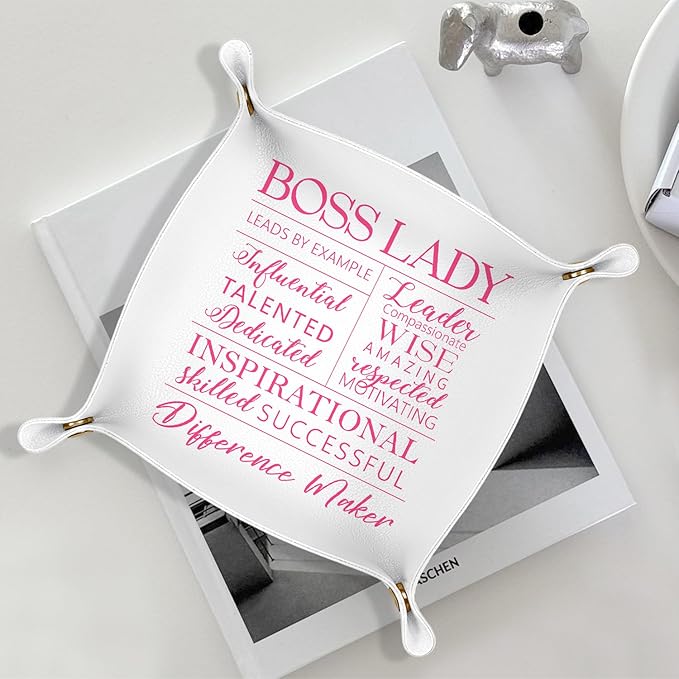 Boss Lady Gifts Leather Jewelry Valet Tray, Best Boss Gifts for Women PU Leather Catchall Beside Caddy Nightstand Organizer Tray for Jewelry Rings Watches Keys and Accessories, 7.8x7.8inch