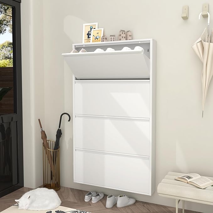 GREATMEET Slim Wall Mounted Shoe Cabinet, 6 Inch Narrow White Hidden Metal Shoe Storage with 4 Flip Drawers, Tall 57 Inch Steel Space Saving Organizer Rack for Entryway Hallway Small Spaces