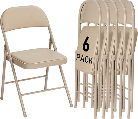 6 Pack Khaki Folding Chairs with Padded Cushion and Back for Outside Portable Stackable Commercial Foldable Chairs with Steel Frame for Events Office Wedding Party, 350lbs Capacity