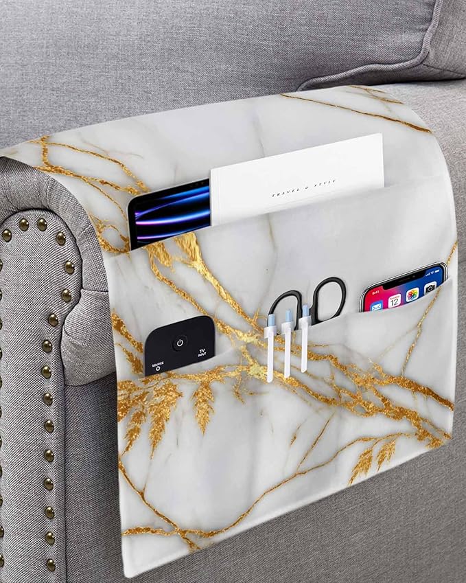 Sofa Armrest Organizer Bedside Caddy, White Yellow Marble Non Slip Couch Remote Control Holder for Recliner, Ink Painting Modern Art Armchair Caddy with Pocket for Magazine, Phone, 13"x35"
