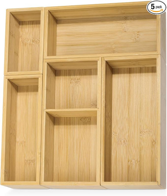 5 Pack Bamboo Drawer Organizer Set, Multi-Use Junk Drawer Organizer for Bathroom, Kitchen, Office, Jewelry, Makeup