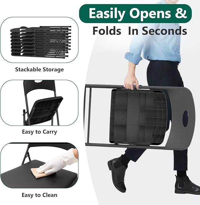 6 Pack Black Folding Chair, Plastic Portable Stackable Commercial Seats with Steel Frame 350lb, Heavy Duty Foldable Chair for Indoor and Outdoor, Patio, Office, Picnic, Kitchen, Events
