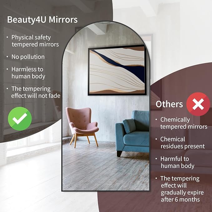 Beauty4U 76" x 37" Arched Full Length Mirror with Stand, Large Floor Mirror for Bedroom & Living Room, HD Tempered Glass Wall Mounted or Leaning Dressing Mirror, Black Metal Frame