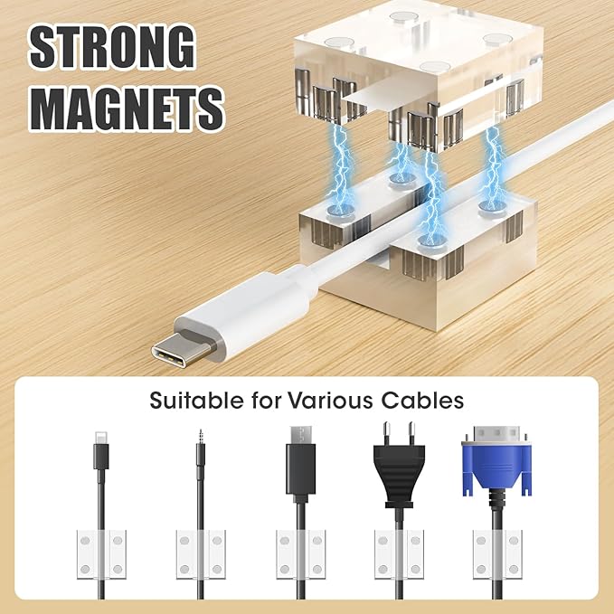 NiHome Clear Acrylic Strong Magnetic Cable Clips Cord Holder 4PCS for Phone Chargers,USB,HDMI,Power Cords, Adhesive Cable Management, Wire Holder Keeper Organizer for Home Office Car Desk Nightstand