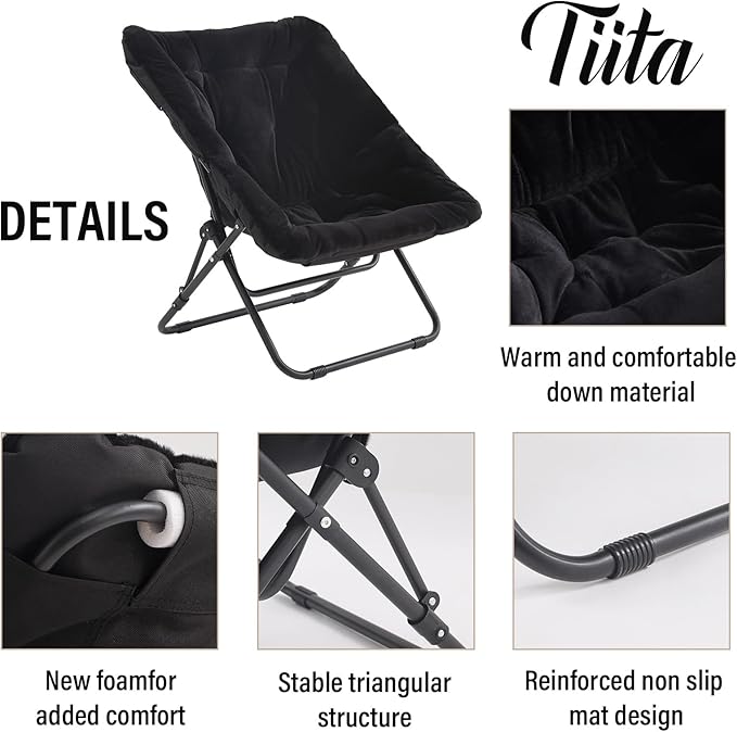 Tiita Folded Chair with Ottoman, Soft Faux Fur Oversized Folding Accent Chair,Lazy Chair, Metal Frame Moon Chair for Bedroom, Living Room, Dorm Rooms, Garden and Courtyard