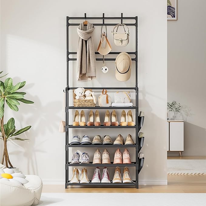 OYREL Shoe Rack 5 Tier Shoe Organizer Storage 15-20 Pairs Shoes Rack for Closet Entrance Shoe Rack Organizer with Hooks and Side Pocket Entryway Shoe Holder Space Saving Free Standing Shoe Racks