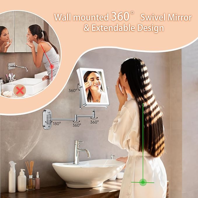 FASCINATE Rechargeable Wall Mounted Makeup Mirror, 4500mAh 8.7" Double Sided Touch Switch 1X 30X Rectangle Wall Mounted Magnifying Mirror with Light, 3 Color Setting, Extended Arm 360° Foldable Chrome