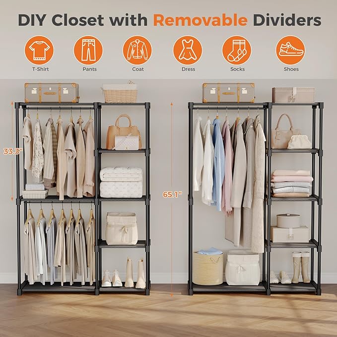 OLIXIS Clothes Rack with Shelves, Portable Wardrobe Closet with Hanging Rods, 44 Inch, Heavy Duty Clothes Rack, Freestanding Closet Organizer, 44" L x 15.7" D x 65" H