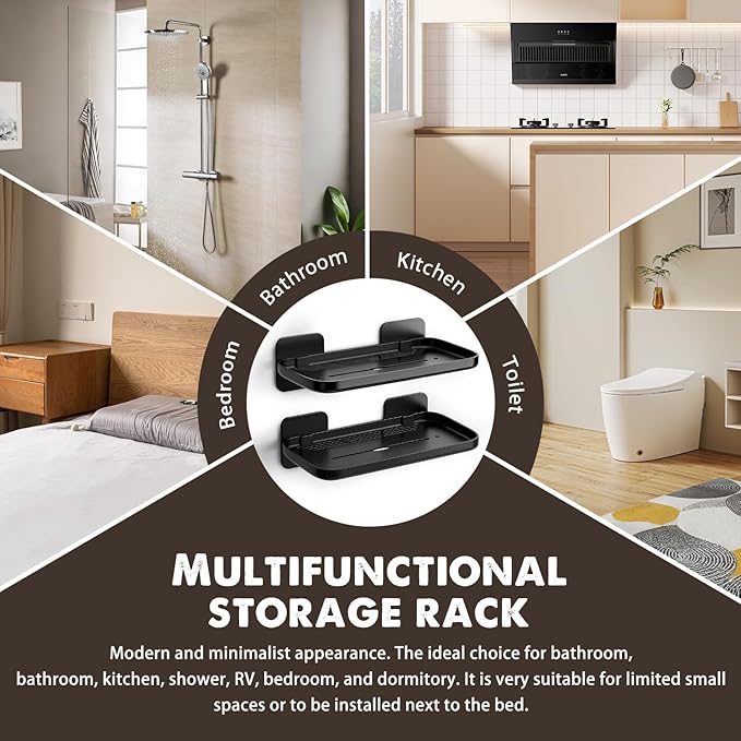 FAYYGYH 2 Pack Adhesive Floating Shelves No Drill Small Floating Shelf for Wall Storage Damage-Free Wall Mounted Organizer for Bathroom, Kitchen, Bedroom & Office (Black)