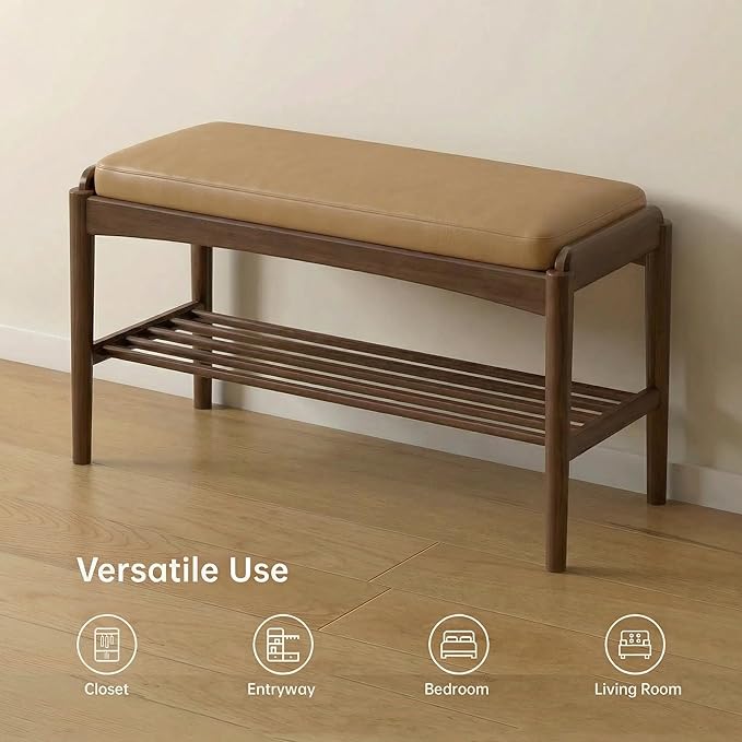 Black Walnut Shoe Bench Assembled, Solid Wood Shoe Rack Bench with Silicone Leather Cushion for Entryway, Living Room, Bedroom, Hallway