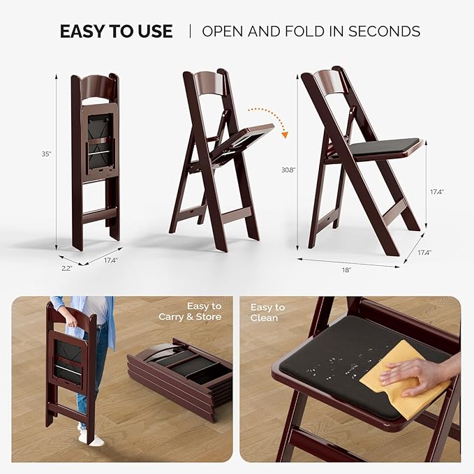 VINGLI Resin Folding Chairs with Cushion, Foldable Plastic Chair with Comfortable Padded Seats, Perfect for Event Party Indoor Outdoor, Reddish Brown, 2 PC