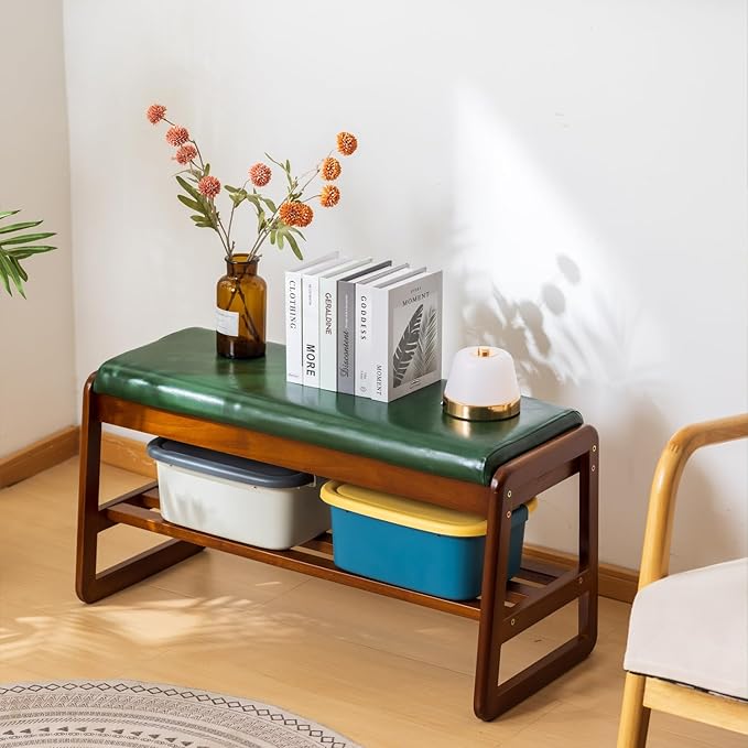 SOBIBO Shoe Bench with Storage - 2-Tier Entryway Bench, Solid Wood Shoe Rack with Cushion & Flip-Open Box, Mid-Century Modern for Hallway, Mudroom, Bedroom (Green, 31.5'')