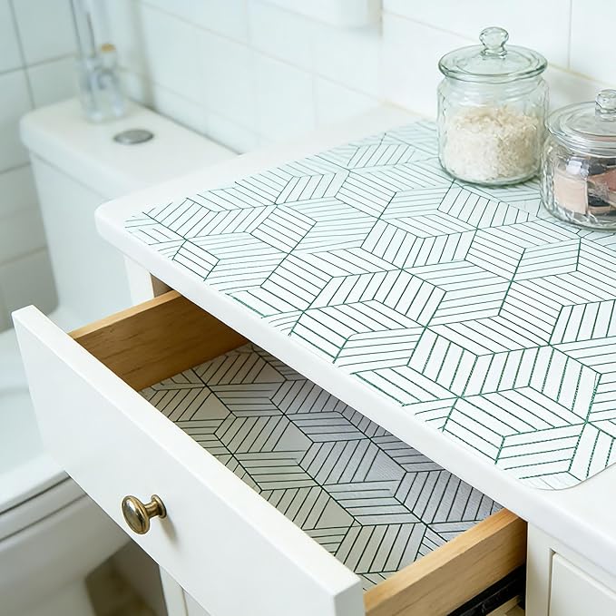Green Geometric line Pattern Shelf Liners, Non-Adhesive and Anti-Slip Thickened Drawer Liners, Easy to Clean, Kitchen cabinets, toolboxes, refrigerators, Including Tools. 17×236.22 inches.