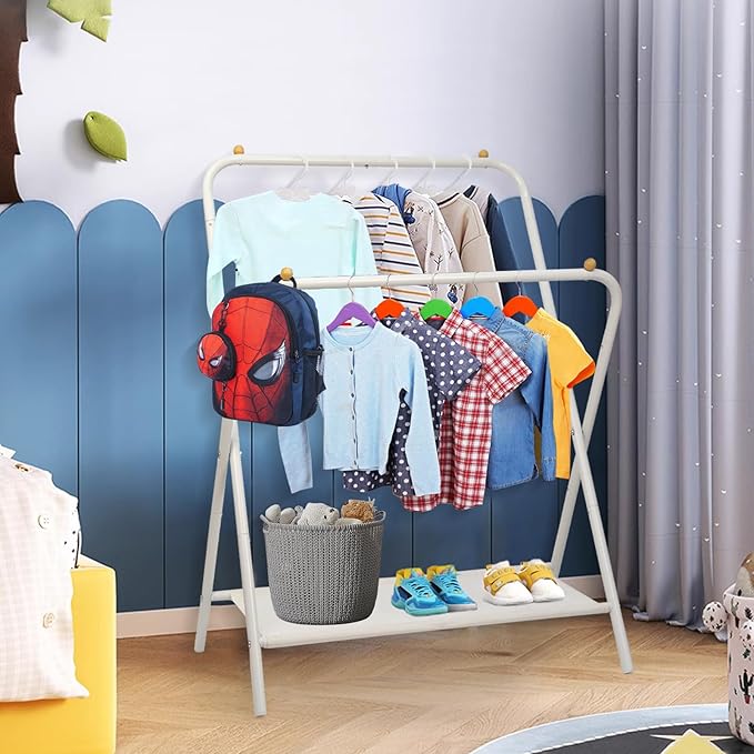 YGJT Kids Clothing Rack 2 Rods, Dress Up Storage for Little Girls with Bottom Storage Shelf, Cute Toddler Wardrobe Cloest Garment for Hanging Coat, Dance Costume, Dresses, Clothes in Bedroom, White