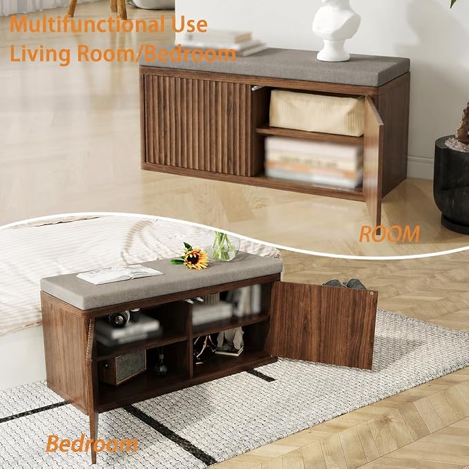 Double Layered Shoe Cabinet with Bench,Wooden Shoe Bench with Soft Cushion,Double Door without Handle Pressing Spring,Fluted Panel,Suitable for Entrance,Corridor and Living Room (Shoe Bench-Walnut)