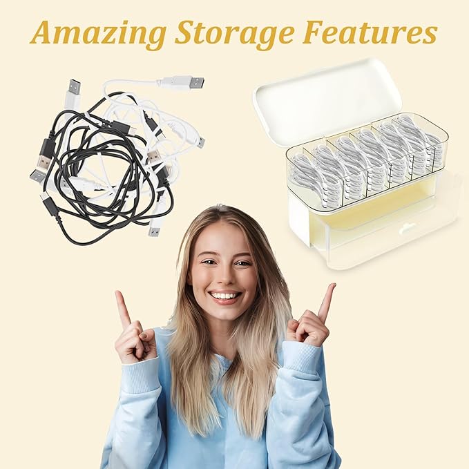6-Compartment Cable Organizer Box with Lid & Drawer, Clear Plastic Storage Case for Power Cords, Chargers, Electronics, Makeup, and Jewelry – White Wire Management Container