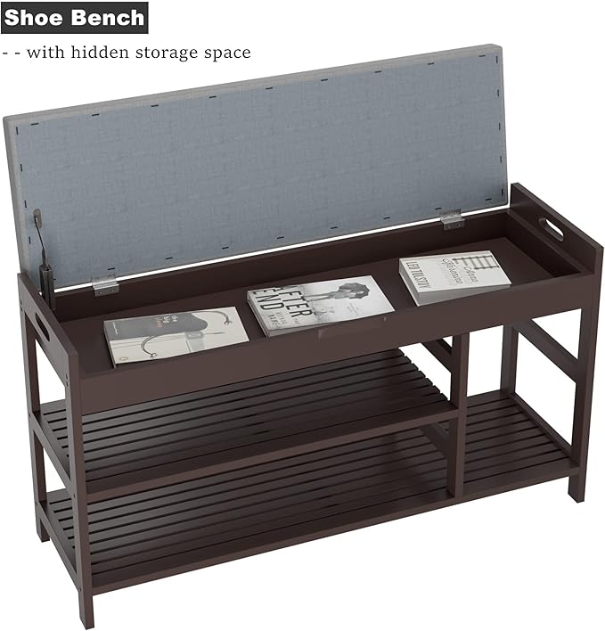 HIFIT 2-Tier Entryway Shoe Rack Bench with Storage, 36 in Bamboo Storage Bench with Padded Seat, Shoe Oiganizer Shelf for Entryway Mudroom Bathroom Foyer, Vintage