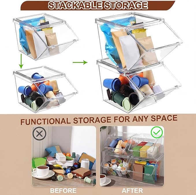 Yerliker 4 Pcs Clear Plastic Storage Bins with Lids Stackable Pantry Storage Organizer Kitchen Cabinet Organizers Ideal Containers for Coffee Pod Tea Sugar Bag Cabinet Home (Large)