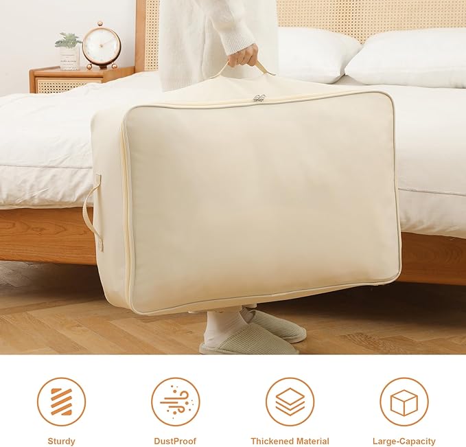 Surblue Clothing Storage Bags Clothes Organizer with Reinforced Handle Foldable Under Bed Storage Bags for Blankets Comforters Quilt Bedding Pillow,3Pcs, Beige