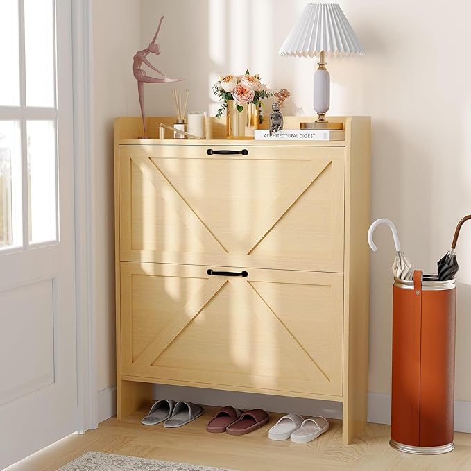 Shoe Cabinet Organizer with 2 Flip Drawers, Freestanding Narrow Shoe Rack for Entryway, Freestanding Hidden Shoe Storage Cabinet for Entryway, Hallway, Living Room, Bedroom, Natural