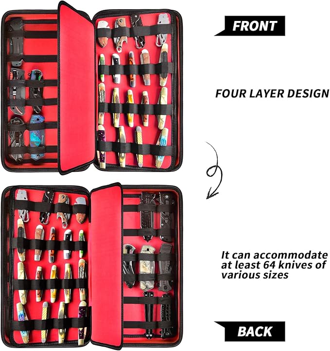 GWCASE Knife Display Case for 66+ Pocket Knives. Folding Holder, Butterfly Storage Organizer, Roll Collection Pouch for Survival Tactical Outdoor - Red