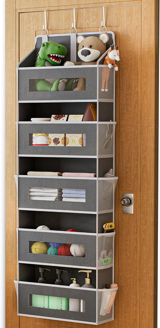 5 Tier Over The Door Organizer - Large Capacity Behind Door Hanging Shelves with 10 Mesh Pockets and Clear Windows, Closet Organizers and Storage for Bathroom, Bedroom, Nursery, Grey