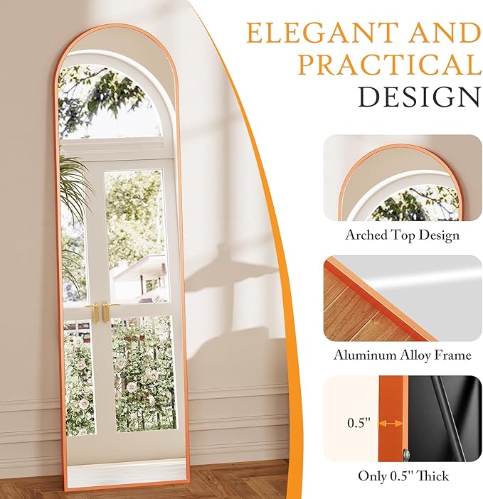 NEWBULIG 59"x16" Arched Full Length Mirror, Full Body Floor Mirror with Aluminum Alloy Thin Frame, Wall or Standing Mirror for Bedroom, Living Room, Dressing Room, Orange