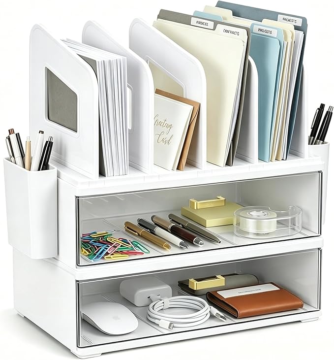 CiWiVOKi White Desk Organizer with 4 File Holder Slots, 2 Clear Drawers & Dual Pen Holders, Sturdy Multi-Functional Desktop Storage for Home Office, Mail Sorter & Caddy