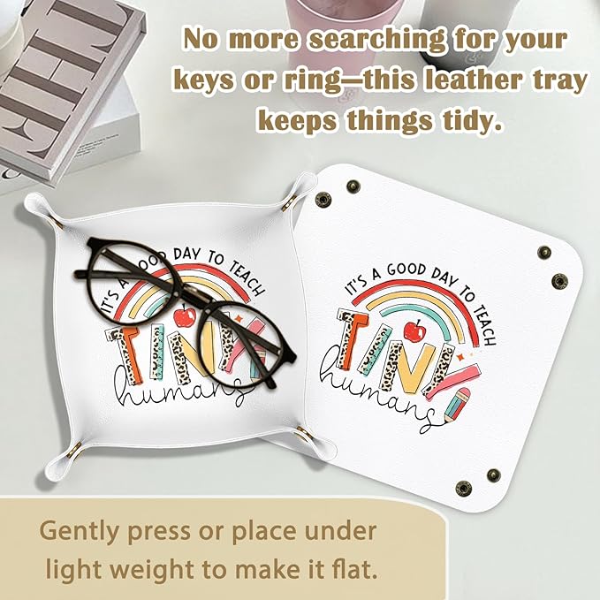 Teacher Appreciation Gifts,Teacher Gifts for Women Men PU Leather Catchall Beside Caddy Nightstand Organizer Tray for Jewelry Rings Watches and Accessories,7.87x7.87