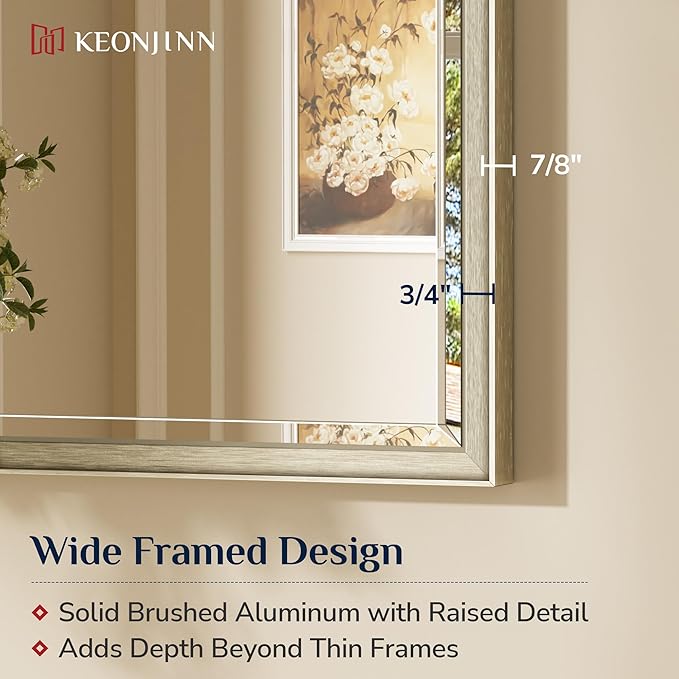 Keonjinn 55" x 36" Brushed Nickel Bathroom Vanity Mirror, Safe Tempered Glass with Beveled Edge, Aluminum Alloy Frame Square Corner, Anti-Rust, Large Rectangular Silver Bathroom Mirrors for Over Sink