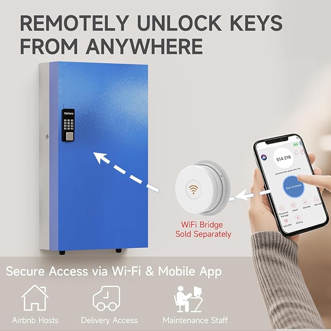 WeHere 360-Key Smart Key Lock Box, Wall-Mount Key Cabinet with Key Management App(Track Key Borrow/Return), Keypad, Bluetooth & WiFi Unlock (Sold Separately) for Commercial, School, Rental, Office