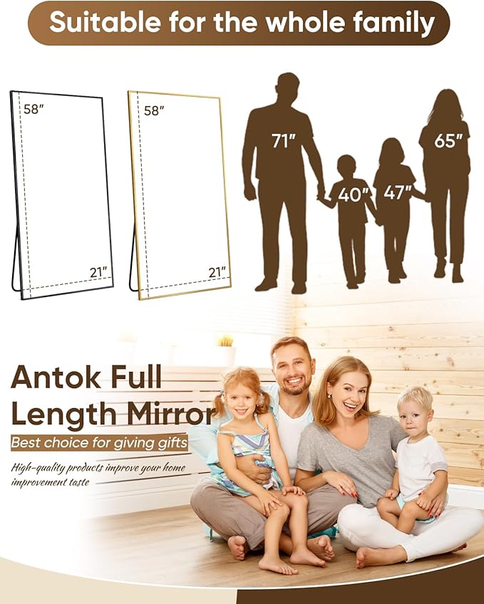 Antok Full Length Mirror, 58"x20" Floor Mirror, Floor Standing Freestanding Full Body Mirror with Stand for Bedroom, Hanging Mounted for Living Room Cloakroom, Black