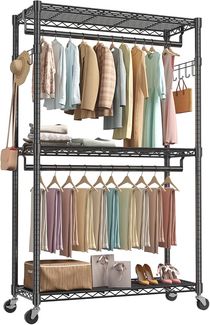OLIXIS Clothes Rack Heavy Duty Adjustable Garment Clothing Rack with Wheels, Rolling Metal Freestanding Closet Organizer for Hanging Clothes with 2 Side Hooks, Double Rods, 47"x17"x80", Black