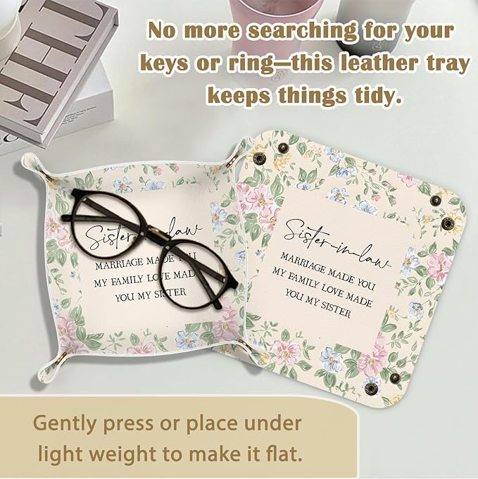 Sister in Law Gifts Jewelry Valet Tray for Women, Gifts for Sister in Law PU Leather Catchall Beside Caddy Nightstand Organizer Tray for Jewelry Rings Watches Keys and Accessories, 7.87x7.87in