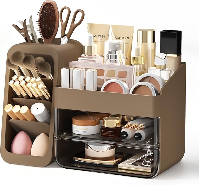 Makeup Organizer with Adjustable Brush Holder for Vanity, Large Skincare Organizer for Bathroom Countertop, Cosmetic Display Case with Drawers, Multi-Function Storage for Perfume, Lipstick, Palettes