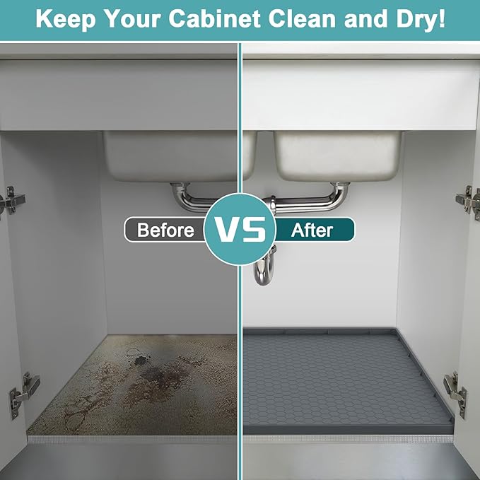 Under Sink Mat 28" x 22", Silicone Under Kitchen Sink Mat, Waterproof Under Sink Protector Mat, Shelf Liners Cabinet Liner for Kitchen and Bathroom, Gray