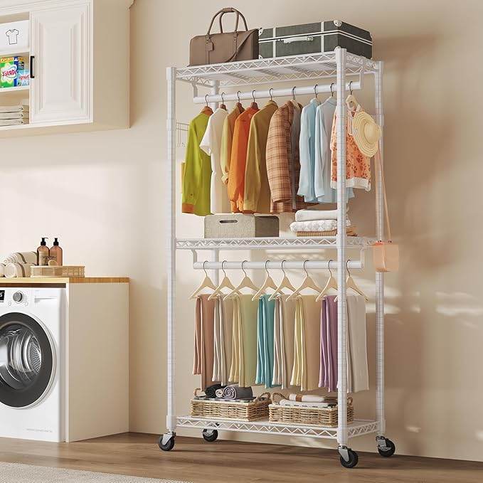 OLIXIS Clothes Rack Heavy Duty Adjustable Garment Clothing Rack with Wheels, Rolling Metal Freestanding Closet Organizer for Hanging Clothes with 2 Side Hooks, Double Rods, 29" x 15" x 75", White