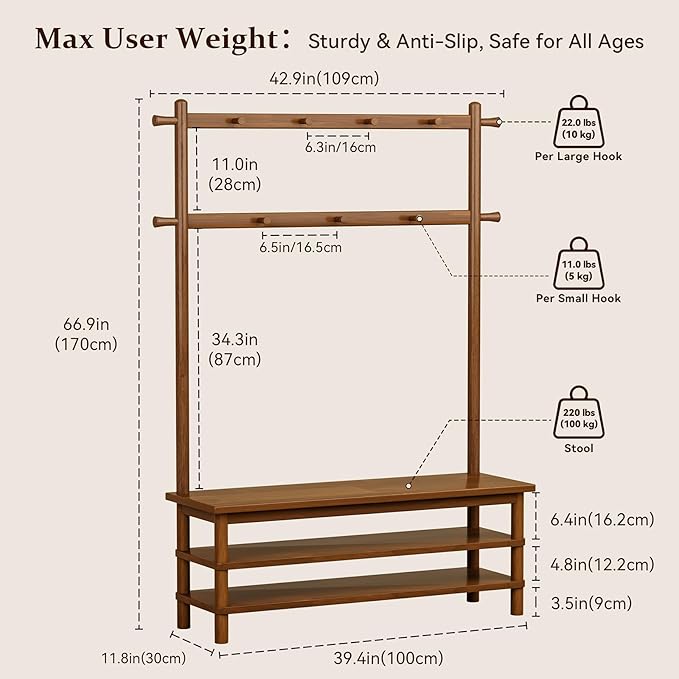 Coat Rack, 3-in-1 Hall Tree with Bench and Shoe Storage, Entryway Bench with Shoe Storage with 11 Hooks, Freestanding Coat Rack Organizer for Mudroom, Hallway, 42.9" Long