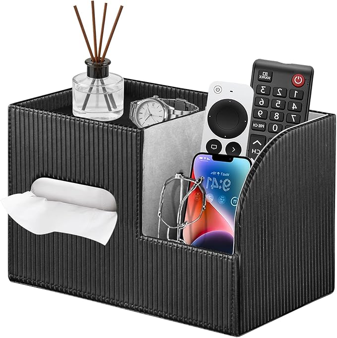 Modern PU Leather Cube Tissue Box Cover with Storage Tray, Multifunctional Remote Control Holder & Facial Tissue Dispenser Organizer for Nightstand, Bathroom, Bedroom, Office & Home Decor