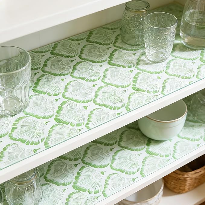 Drawer and Shelf Liner - Green Banana Leaf Pattern,Non Adhesive Non Slip Waterproof Easy-Clean Liner for Kitchen Cabinet, Refrigerator, Bathroom, Pantry Storage Drawers, 17 in x 20 Ft.