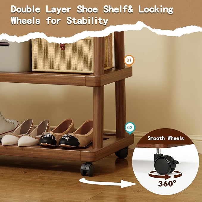 Solid Wood Clothing Rack Freestanding with Wheels, 3-in-1 Coat Rack with 2 Shelves & Hooks Load 500 Lbs, Heavy Duty Garment Rack for Hanging Clothes & Organizer for Entryway Bedroom Living Room 23.6"W